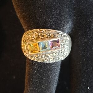 Vintage 925 Elegant Silver Multicolor Gemstone Ring Citrine Topaz and Amethyst